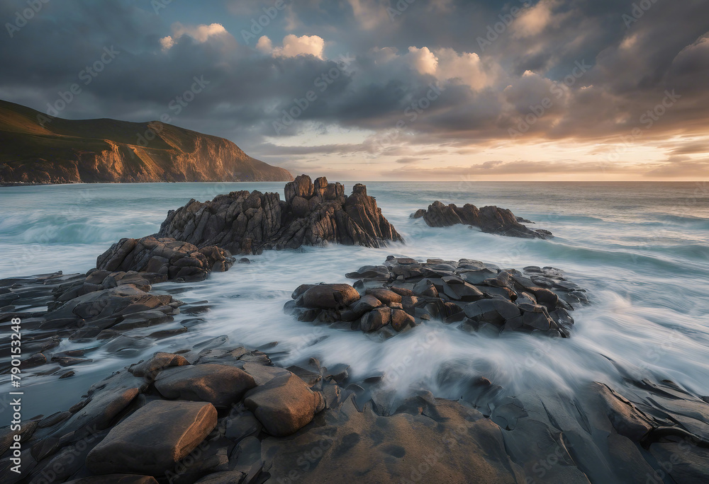 beautiful coastal landscape with rocky shores, the ocean, sunrise and a sky beautiful coastal landscape with rocky shores, the ocean, sunrise and a sky