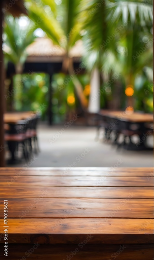 Empty wood table top and blurred summer beach in tropical resort banner background can used for display or montage your products