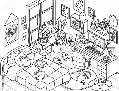 Cute kawaii room interior design for girl in isometric style. Cartoon illustration. Coloring page