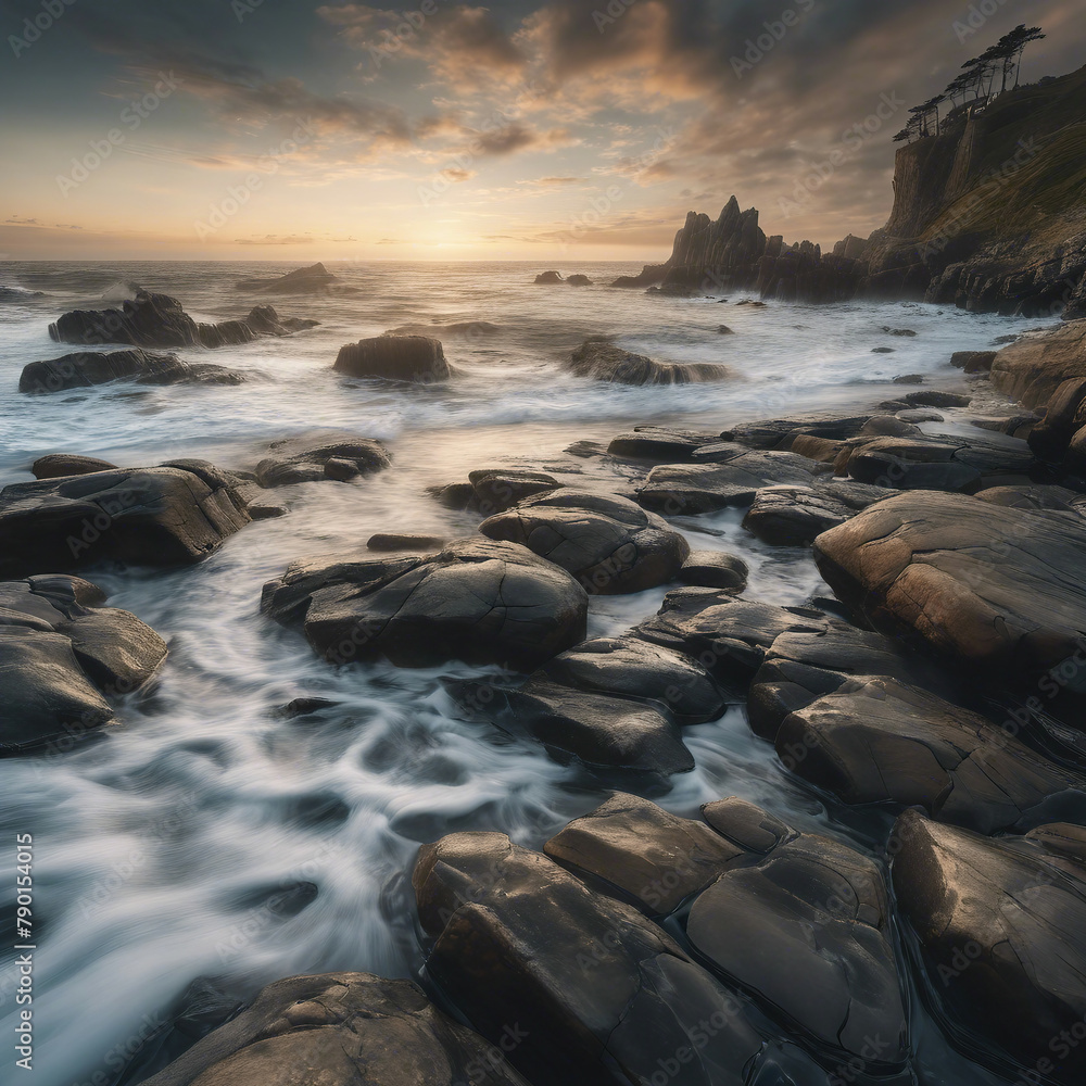 Obraz premium beautiful coastal landscape with rocky shores, the ocean, sunrise and a sky