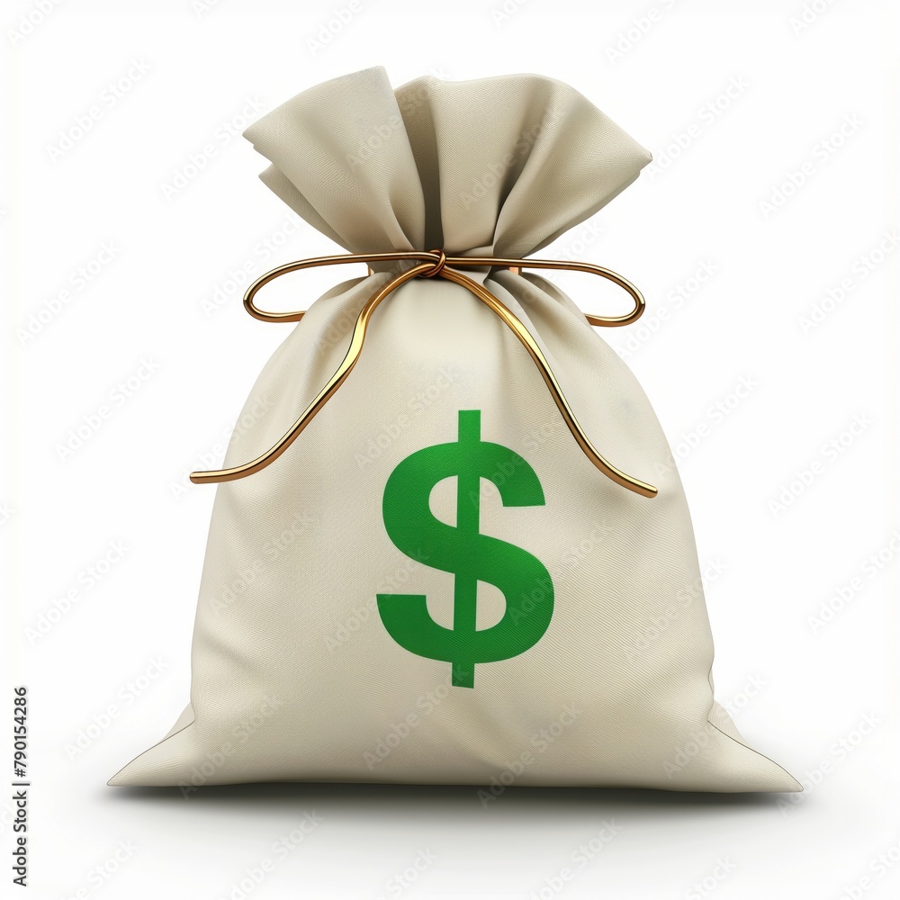 3D money bag icon with a green dollar sign label set against a white ...