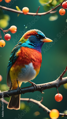 Imagine a vibrant tropical scene featuring a colorful bird of paradise perched on a lush green branch, surrounded by a variety of other birds in a natural setting © pla2u