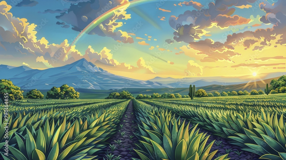 Fototapeta premium Vibrant agave plantations under a rainbow, embodying tequila's allure in a simplistic portrait illustration.