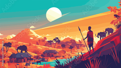 Africa landscape village and African people vector