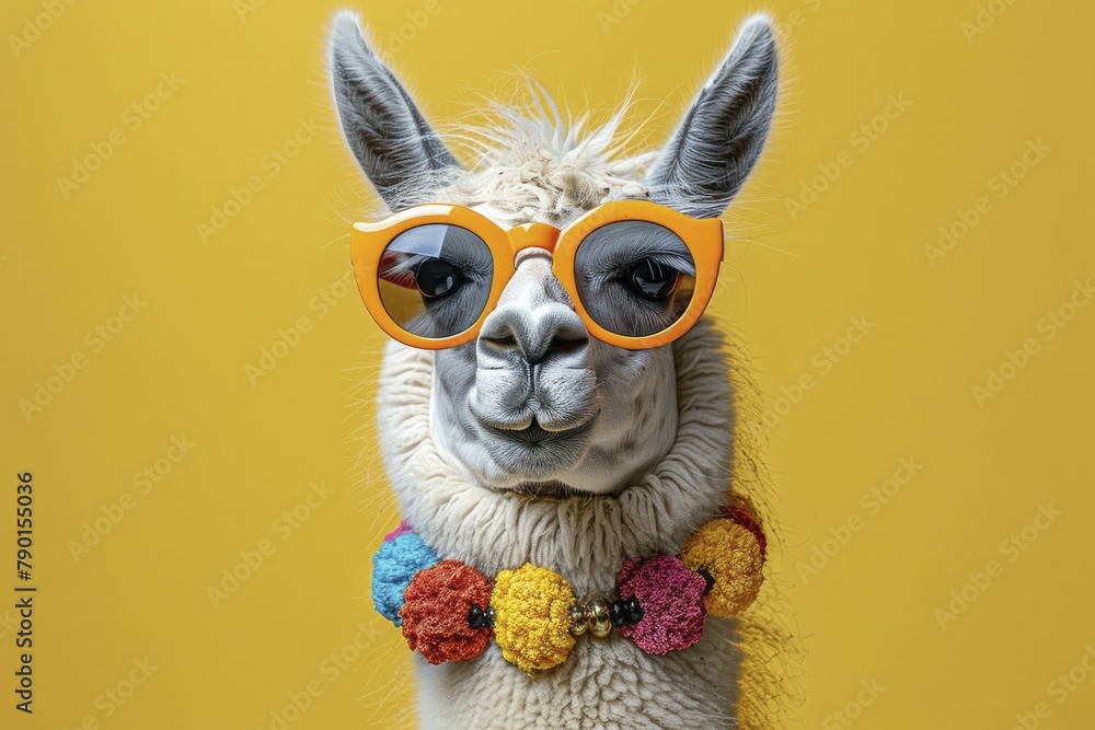 Fototapeta premium Eccentric portrait of a llama wearing sunglasses and a fiesta necklace, illustration style, in straight front portrait minimal.