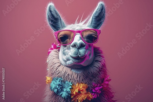 An unconventional llama donning shades and a festive necklace is portrayed in a simple, direct illustration style.
