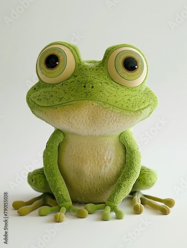 A cute frog 3d ip, stuffed animal, plush doll art, big eyes,soft color, Popmart, cute frog plush toy,fluffy,big-bellied frog, 3D characters,white background, a bit fluffy,cartoonish,minimalist,full bo photo