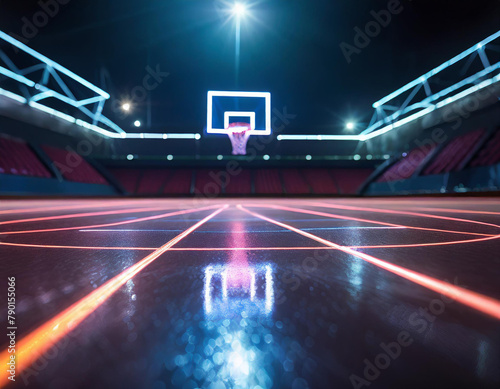A futuristic neon-lit basketball court with glowing lines and hoops in a dark setting.