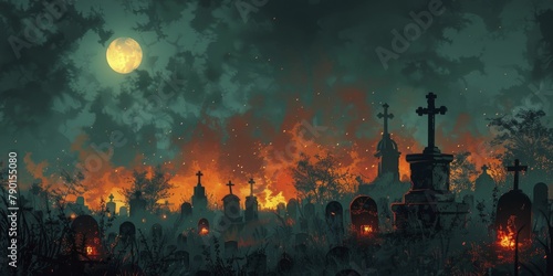 Illustration captures ancestral tribute with lanterns in an eerie old cemetery on Cinco de Mayo, featuring a minimal front portrait. photo