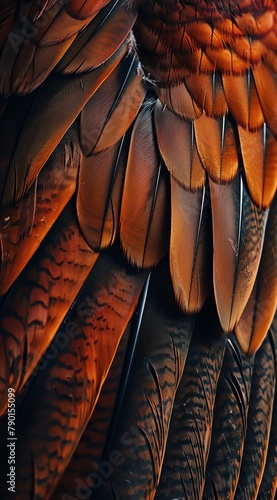 Closeup of the wings, feathers, texture, feathers, redbrown color, feathers, texture, close up, macro photography, photorealistic techniques, dark brown and black, smooth lines, high definition