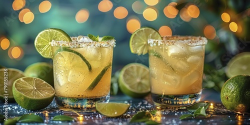 Illustration captures frothy margaritas clinking under string lights, in a toast, with a minimal straight front portrait style.