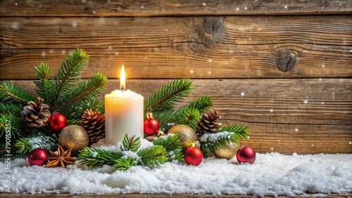 Christmas or Advent wood background with a candle. Christmas or Advent wood background with a burning candle on snow, decorated with fir branches and ornaments, panoramic format with copy space photo