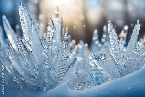 Frozen Wonderland: Ice Texture & Frosted Window Frame Winter Background. generative AI