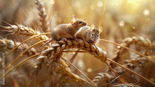 a mouse eats wheat on an ear in the field photo