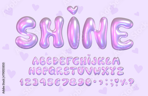 3D Festive Summer Metallic Glitter Font, Trending Y2K Style, Bubble Font. Full vector made with gradient mesh, pink with hearts. 3d alphabet