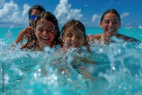 A joyful family laughing together as they splash in the crystal-clear waters of a tropical beach.