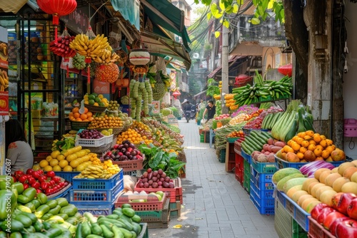 A lively street market bustling with activity, stalls overflowing with colorful fruits and vegetables.