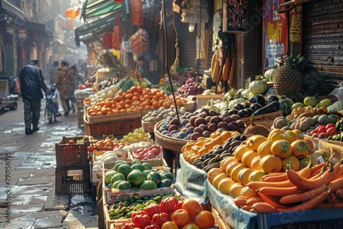 A lively street market bustling with activity, stalls overflowing with colorful fruits and vegetables.