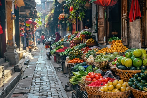 A lively street market bustling with activity, stalls overflowing with colorful fruits and vegetables. photo