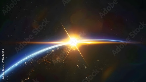 A glowing sun rises over the horizon, casting long shadows on an earthlike planet in space. The background is dark with stars visible. 