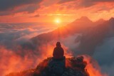 A solitary figure basking in the warm glow of sunrise atop a misty mountain peak.