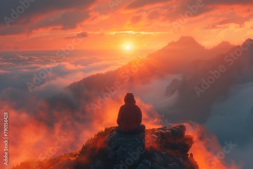 A solitary figure basking in the warm glow of sunrise atop a misty mountain peak. photo