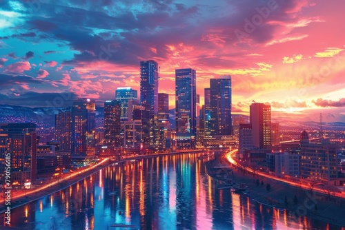 A vibrant city skyline illuminated by the warm hues of sunset, reflecting off sleek modern architecture.