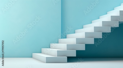 Abstract picture of a white spiral stair settles near a blue wall background. Generative AI.