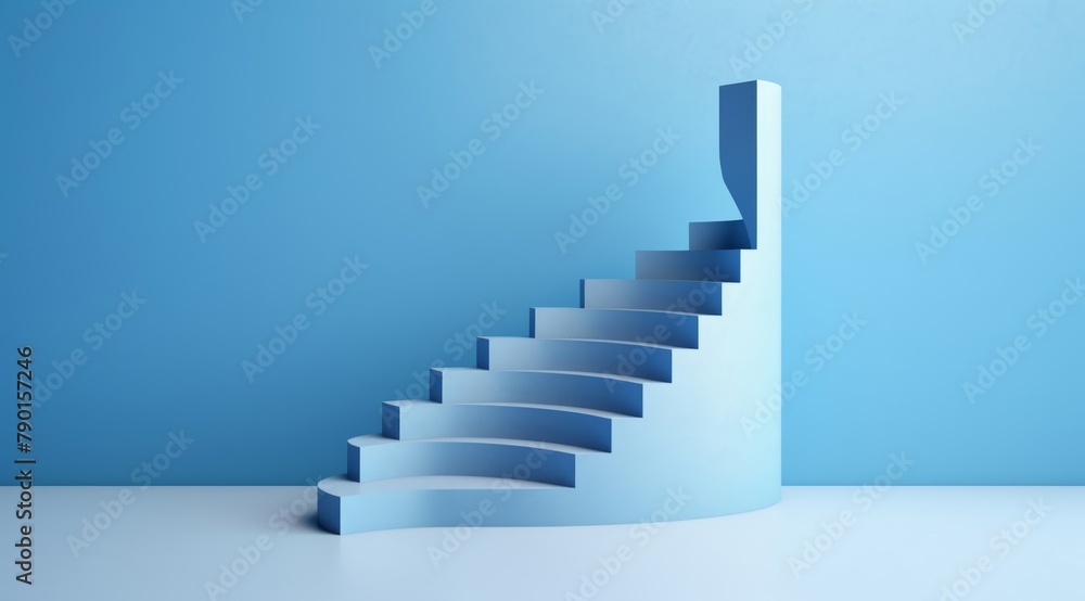 Abstract picture of a white spiral stair settles near a blue wall background. Generative AI. Abstract picture of a white spiral stair settles near a blue wall background. Generative AI.
