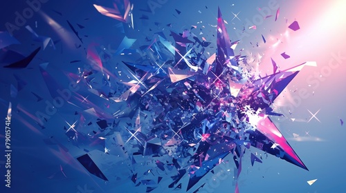 Shimmering triangles burst into a confetti explosion creating a dazzling shattered glass effect within an exploded star frame The flying textured data elements evoke a dynamic blast while th