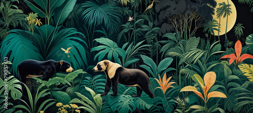 Illustration of a lush tropical magical  jungle scene. A sun bear and a panda amidst of tropical plants, palm trees, monstera and banana leaves,  flowering plants. Full moon, mystery and tranquility. photo