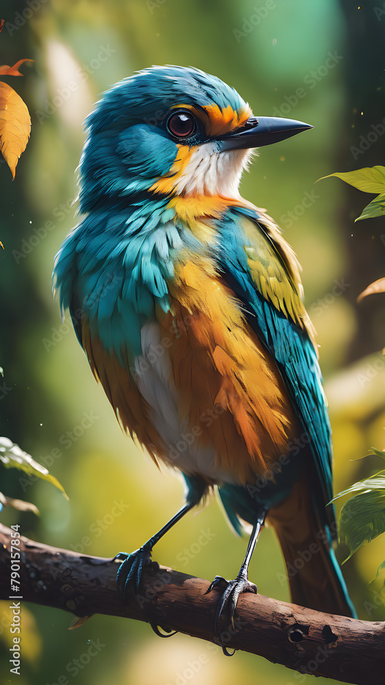 Obraz premium Imagine a vibrant tropical scene featuring a colorful bird of paradise perched on a lush green branch, surrounded by a variety of other birds in a natural setting