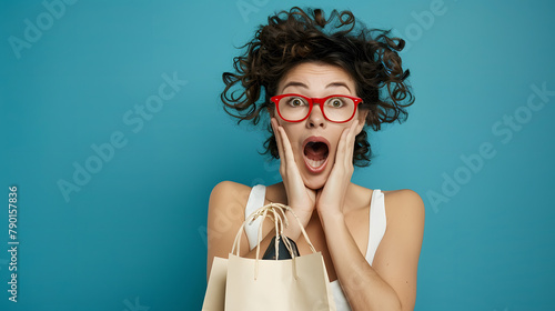 Excited surprised young woman with shopping bags at blue backgtound photo