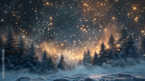 A snowy forest at night with a starry sky and a bright shining moon.