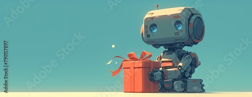 A cute robot carrying out the task of giving gifts, with a gift box tied with a red ribbon