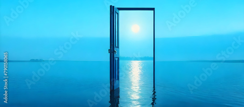 Surreal fantastic futuristic lake with a door in the middle of the lake. The concept of psychedelia and escapism