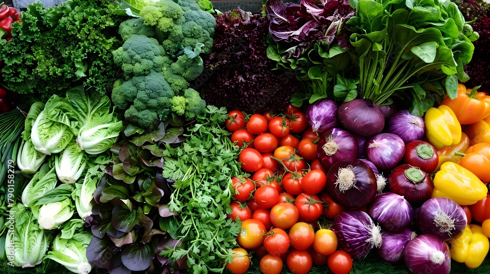 At the local farmers market, a vibrant display showcases an array of colorful vegetables, including green and purple spring greens. At the local farmers market, a vibrant display showcases an array of colorful vegetables, including green and purple spring greens.