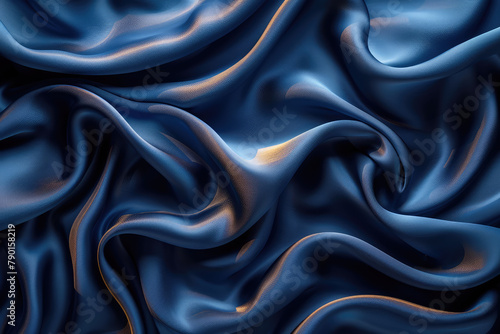 Blue silk background, abstract blue waves and ripples on the surface of the fabric. Created with Ai