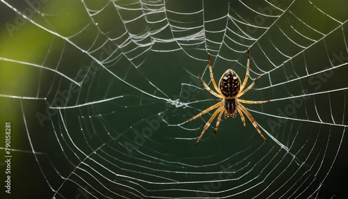 A detailed view of a spider perched on its intricate web, showcasing its delicate structure and predatory nature