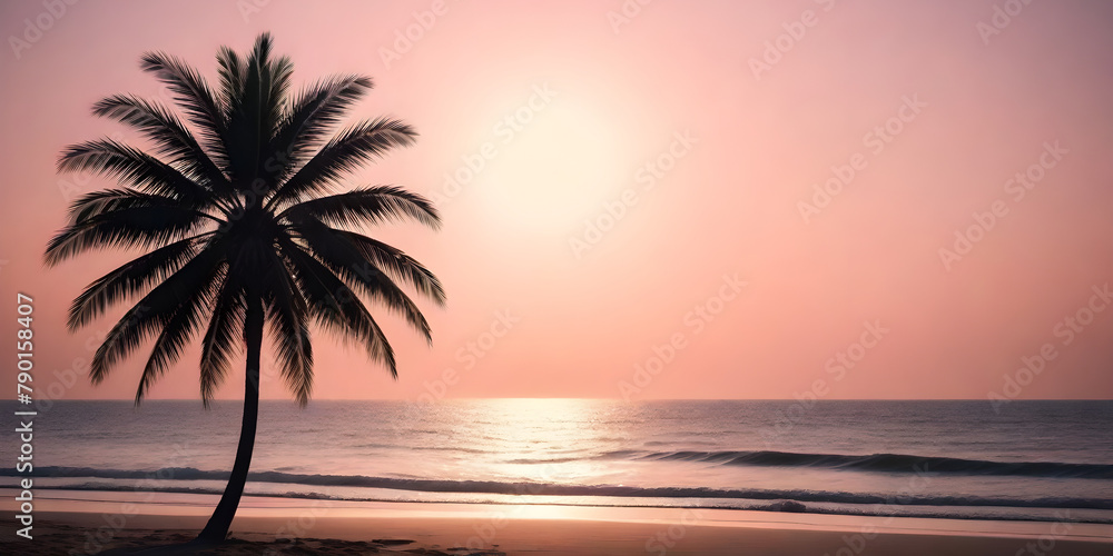 A palm tree stands tall on a sandy beach as the sun sets in the background, casting a warm glow over the scene. Travel concept.