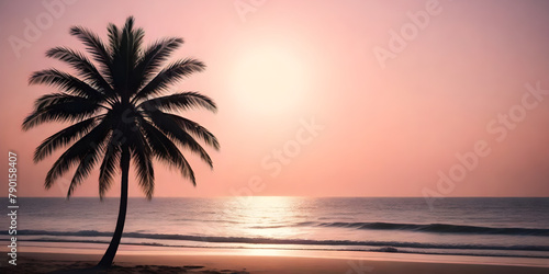 A palm tree stands tall on a sandy beach as the sun sets in the background  casting a warm glow over the scene. Travel concept.