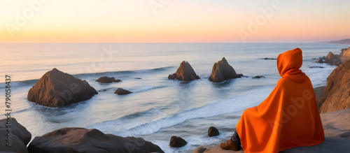 A person is seated on a rock, gazing out at the vast expanse of the ocean photo