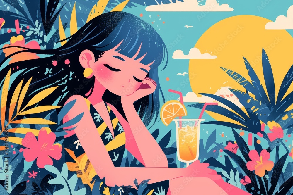 A cute girl with blue hair and bangs, sitting on the beach drinking a cocktail, with a simple background featuring palm trees,