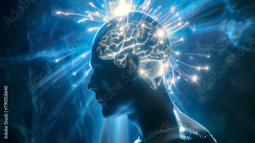 side profile of a human with prominently illuminated brain's activity and energy. Bright light rays and sparkles emanate from the head, symbolizing intense thought and inspiration.