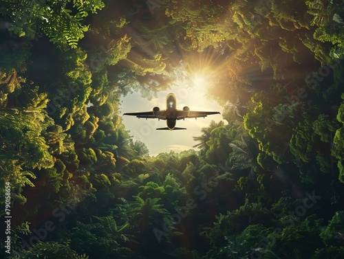 Illustrating the concept of environmentally friendly air transport, a plane soars through the sky amidst lush greenery, highlighting concerns about environmental pollution and harmful emissions