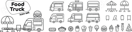Set of icons of food truck series. Food trucks, sign stands, seats and food in simple black line for logo and icon design on transparent background.