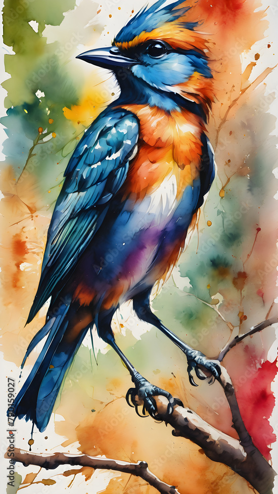 Fototapeta premium Imagine a vibrant tropical scene featuring a colorful bird of paradise perched on a lush green branch, surrounded by a variety of other birds in a natural setting