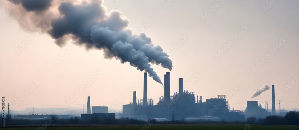 A factory is releasing smoke from its towering stacks into the environment, indicating active production and potential air pollution
