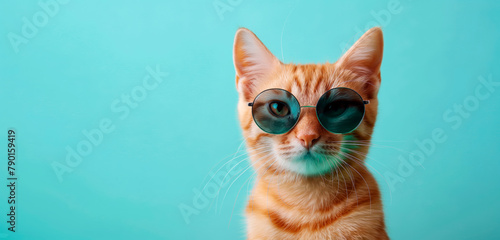 Cute ginger cat wearing sunglasses over blue background. Promotion banner with empty space for text or product. © Elena Uve