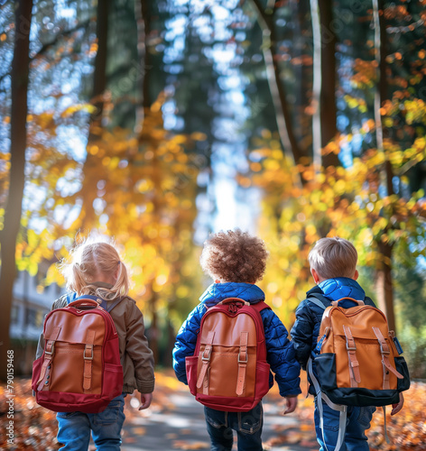 Embarking on a back-to-school adventure, three children wander through a tranquil forest, each bearing a backpack. The serene atmosphere envelops them as they immerse themselves in the beauty of natur